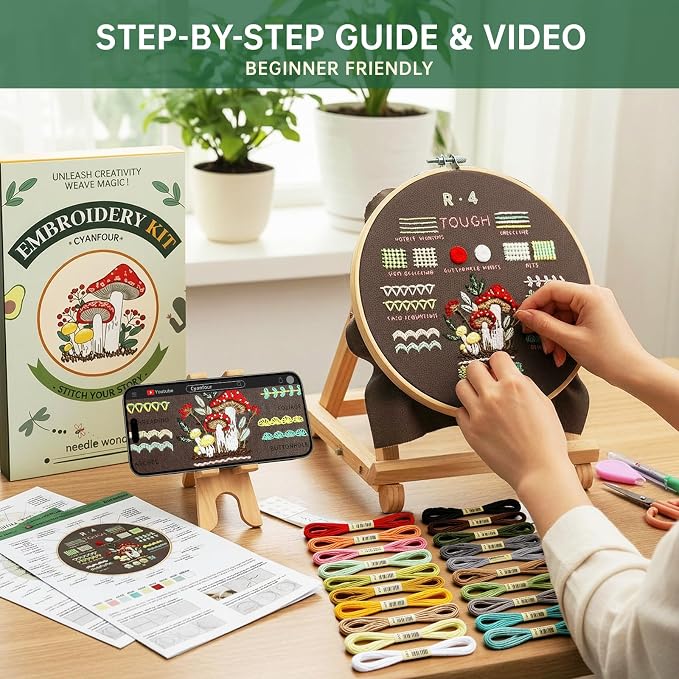 CYANFOUR Embroidery Kit for Beginners with Step-By-Step Guidance & Videos | 4 Stages to Learn 38 Stitches, Includes Multiple Accessories, Gift for Craft Lovers