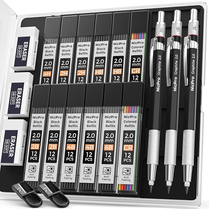 Nicpro 2mm Metal Mechanical Pencil Set with Case, 3PCS