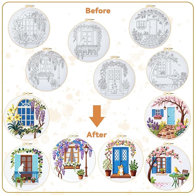 BEUNITONE 6 Set Flowers Embroidery Kit for Beginners Vintage Garden Scene Pre-Stamped Pattern, Needlepoint Kits for Adults Beginners, DIY Handmade Embroidery for Home Decor and Gifts 20x20cm