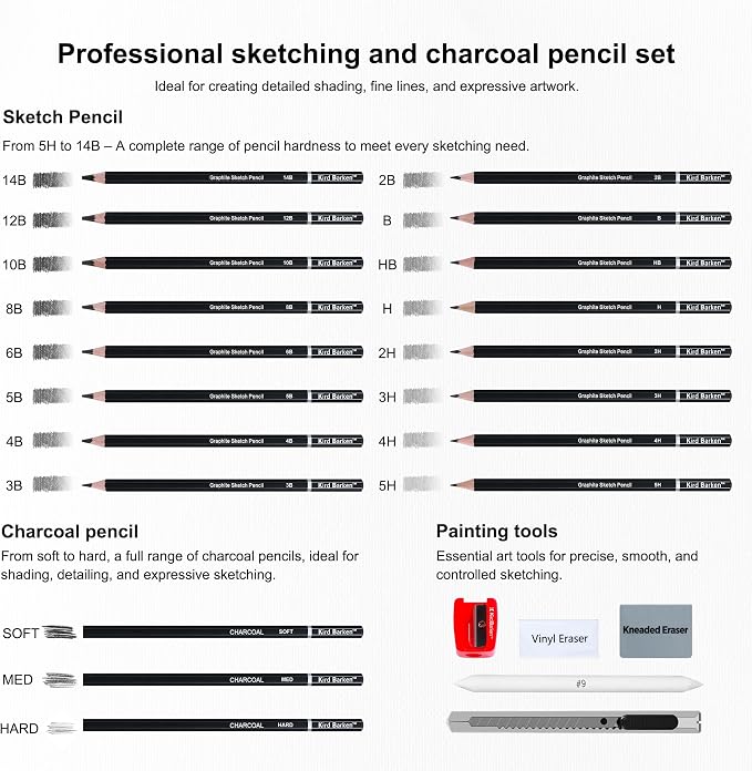 24PCS Professional Sketch Pencil Set – 5H to 14B Pencils, Charcoal Pencils, Art Supplies Kit with Erasers, Sharpener, Knife – Ideal Gift for Artists, Students, Kids, Beginners