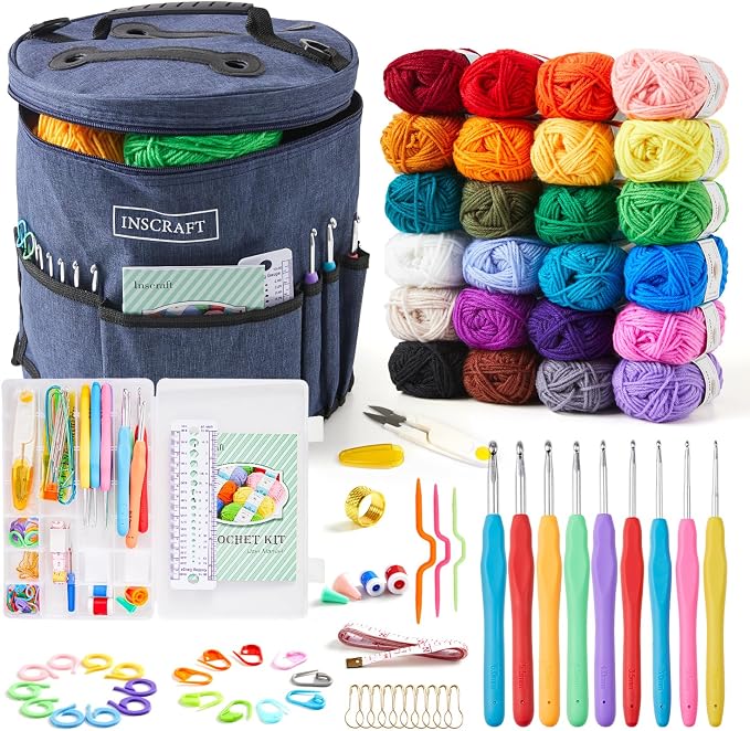 INSCRAFT Crochet Kit for Beginners Adults- Great Knitting Starter Kit for Colorful Craft for Professionals, Make Amigurumi Projects Includes 24 Colors Yarn, Hooks, Instructions, a Durable Bag