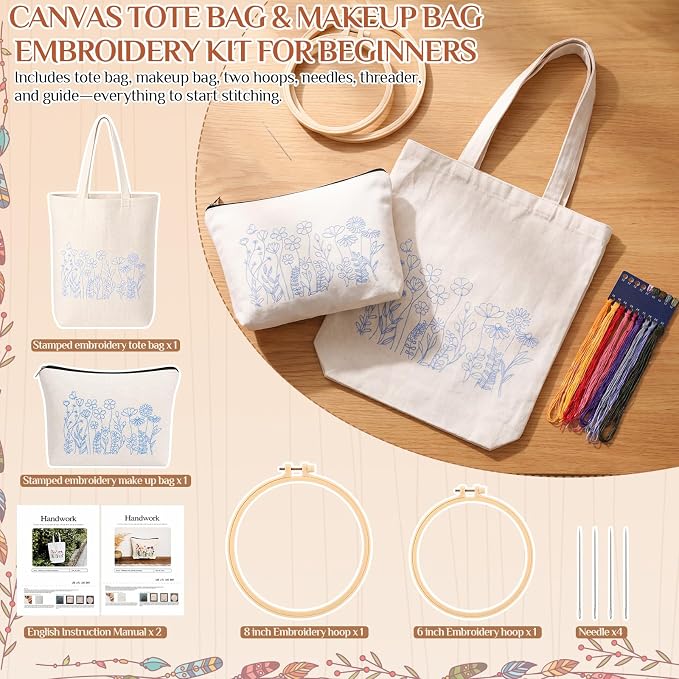 SilTriangle Embroidery Kit for Beginners Canvas Tote Bag Makeup Bag Set Cross Stitch Kits Floral Flower for Adults, Arts Crafts Needlepoint Women Shopping Reusable Bags