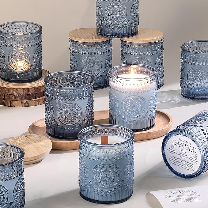 DARJEN 10 Pcs 8oz Glass Candle Jars with Lids, Candle Containers Tins-Blue | Premium Thick Glass, Secure Wooden Lids- Candle Jars for DIY Candle Making, Stunning Sunflower Design