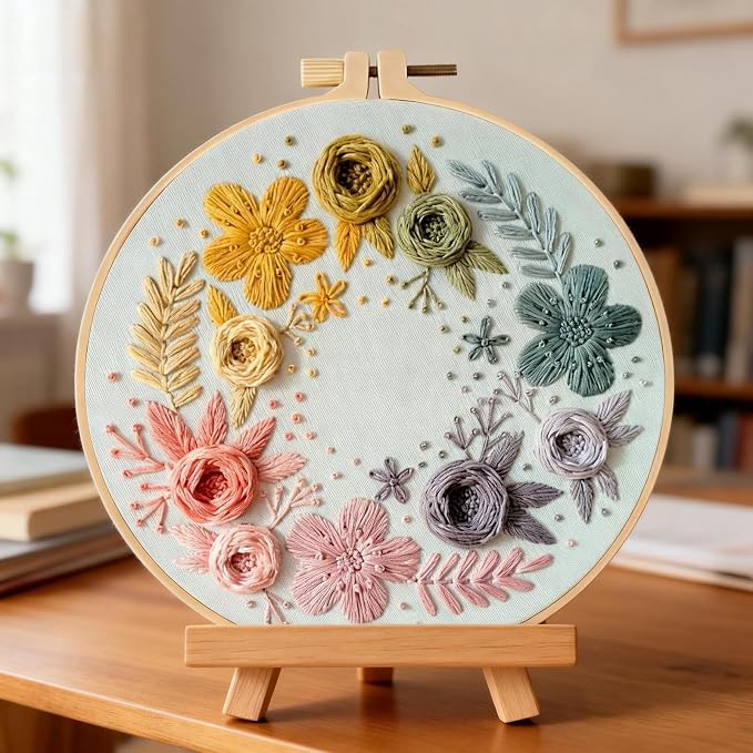 Herdiese Embroidery Kit for Beginners & Adults with Flower Pattern | Stamped Cross Stitch Kit Including Fabric, Hoop, Threads, Needles & Instructions, Complete DIY Hand Sewing Craft Set