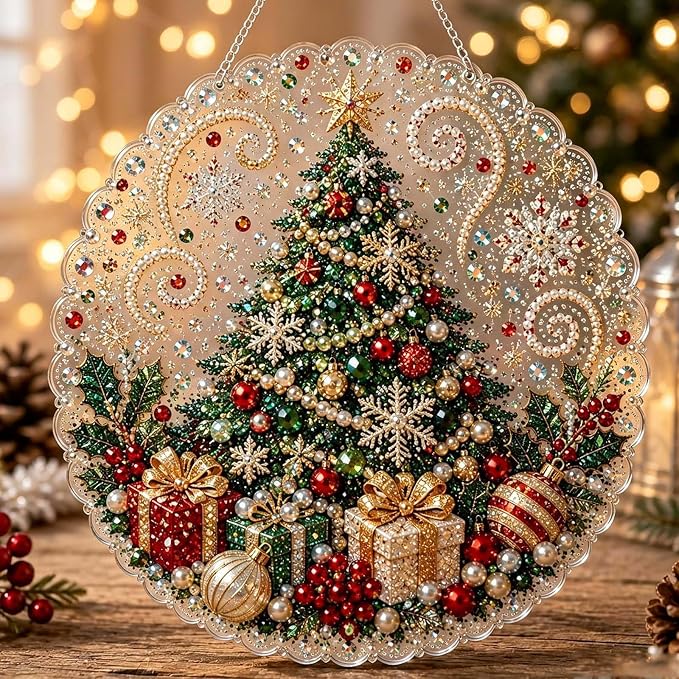 Christmas Pearl Diamond Painting Kit, DIY Diamond and Pearl Art Painting, 3D Mixed-Sized Pearl Beads Craft, Acrylic Round Board with Lace Edge, Pre-Assembled Metal Chain