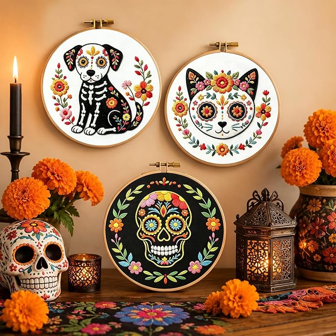 Nuberlic 3 Pack Sugar Skull Embroidery Kit for Beginners, Day of the Dead