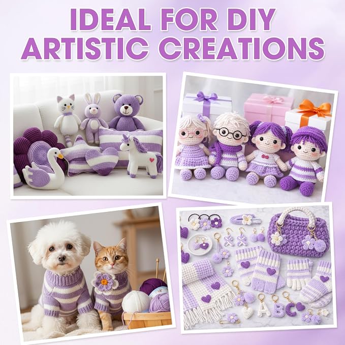 Buryeah Purple Series 8 Packs Crochet Yarn Knitting Bundle Beginner Acrylic Thread Fluffy Hand Tube Polyester Yarn Needles Bulky Kit Variety Pack 726 Yards for Weaving Crafts DIY Project Beginner
