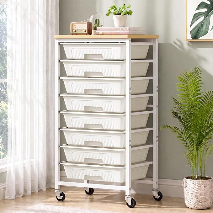 caktraie 8-Drawers Rolling Cart, Craft Storage Utility Cart, Beige White