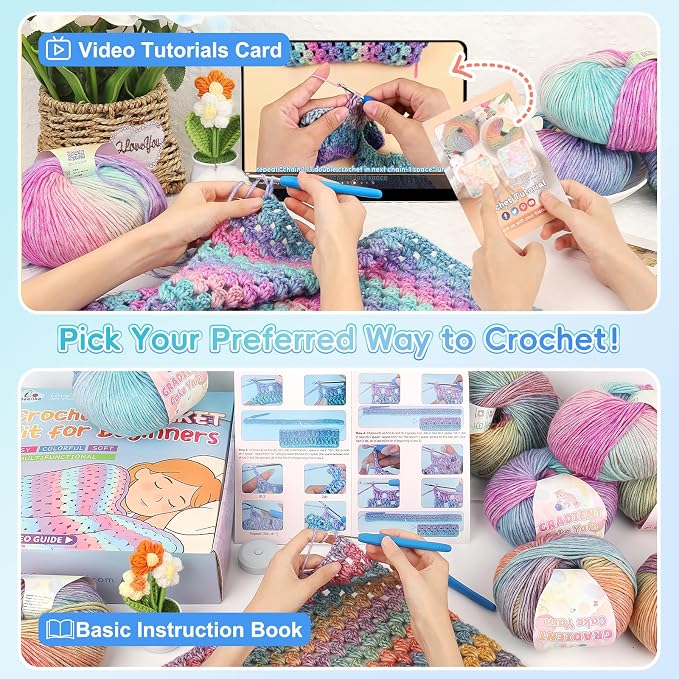 Aeelike Crochet Blanket Kit for Beginners, Easy Blanket Crochet Kits, Blue