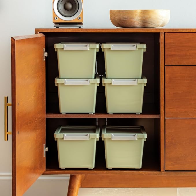 IRIS USA Storage Bins with Lids |Made in USA| 4 Qt - (6-Pack) - Sage Green | Sensory Craft Organizers, Plastic Clip Box Totes, Flat Containers for Organizing Paper, Office, Art & Study Supplies