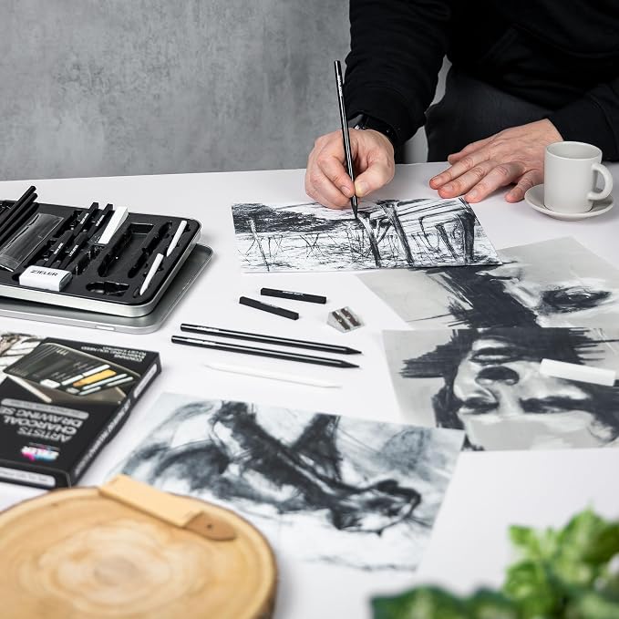 Zieler Artists Charcoal Drawing Set | 24-piece Gift Tin Set | The Ideal Starter Set
