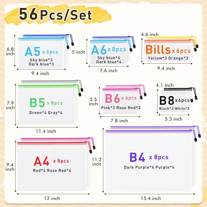 PAPEJOON 56pcs Mesh Zipper Pouch Bags, 8 Sizes Plastic Zippered Storage Bags for Organizing, Clear Pouches with Zipper, Waterproof Mesh Pouch for Office Supplies, Home Organize, Travel Storage