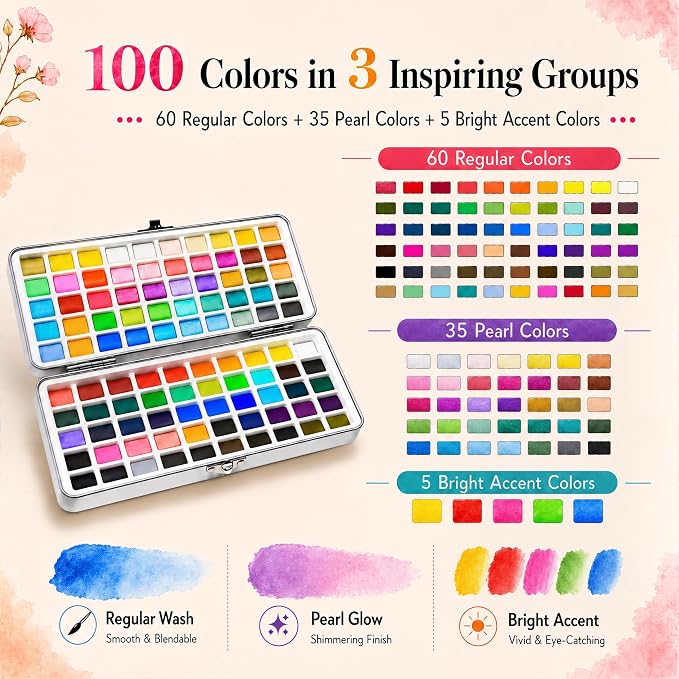 100 Colors Watercolor Paint Set with Watercolor Workbook for Adults | Travel Watercolor Set with 14 Pre-Drawn Projects, 1 Water Brush, 6 Detail Brushes & Painting Supplies for Teens & Beginners