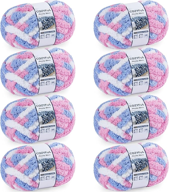 Cozyful Chunky Yarn for Hand Knitting - #10 Chunky Chenille Blanket Yarn, Jumbo Big Thick Chunky Yarns for Crocheting, Tie Dye Bulky Knit Yarns, 8 Skein (20 yds 8 oz Each Skein), Blue & Pink & White