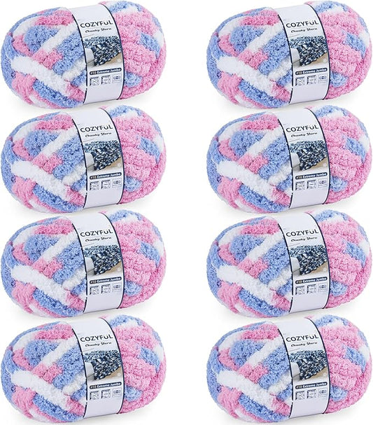 Cozyful Chunky Yarn for Hand Knitting - #10 Chunky Chenille Blanket Yarn, Jumbo Big Thick Chunky Yarns for Crocheting, Tie Dye Bulky Knit Yarns, 8 Skein (20 yds 8 oz Each Skein), Blue & Pink & White