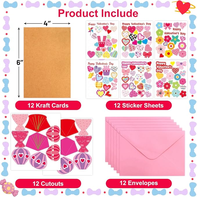 ceiba tree Valentine's Day Crafts for Kids Cards Making Kits 12 Pcs DIY 3D Hot Air Balloon Bouquet Greeting Card with Cutouts Sticker and Envelopes Bulk for Classroom Activities Party Favors