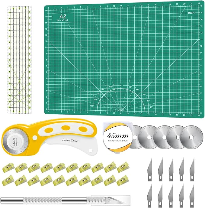 Rotary Cutter Set Green - Quilting Kit incl. 45mm Fabric Cutter, 5 Replacement Blades, A2 Cutting Mat, Acrylic Quilting Ruler, Sewing Clips, Craft Knife Set, Ideal for Crafting, Sewing, Patchworking