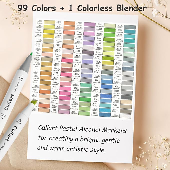 Caliart 100 Colors Pastel Alcohol Markers Fine & Chisel Art Markers Pens | Dual Tips Permanent Sketch Pens for Artists Drawing, Adults Coloring Books, Beginners Illustration, School Art Supplies Gifts