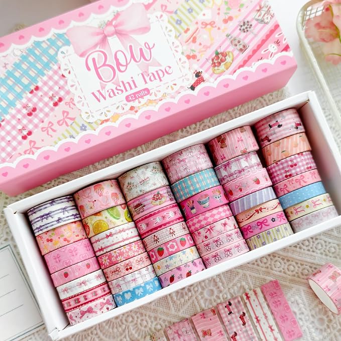 Bomichi Washi Tape Set - 42 Rolls Cute Pink Bow Decorative Scrapbook Tape