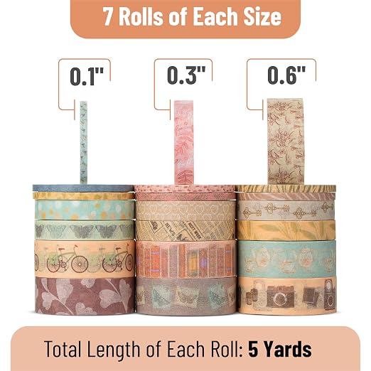 Mr. Pen- Washi Tape Set, 21 Rolls, Assorted Sizes, 5 Yards/Roll | Washi Tape for Scrapbook, Arts, Crafts, Journals and Planners, Vintage Charm Design