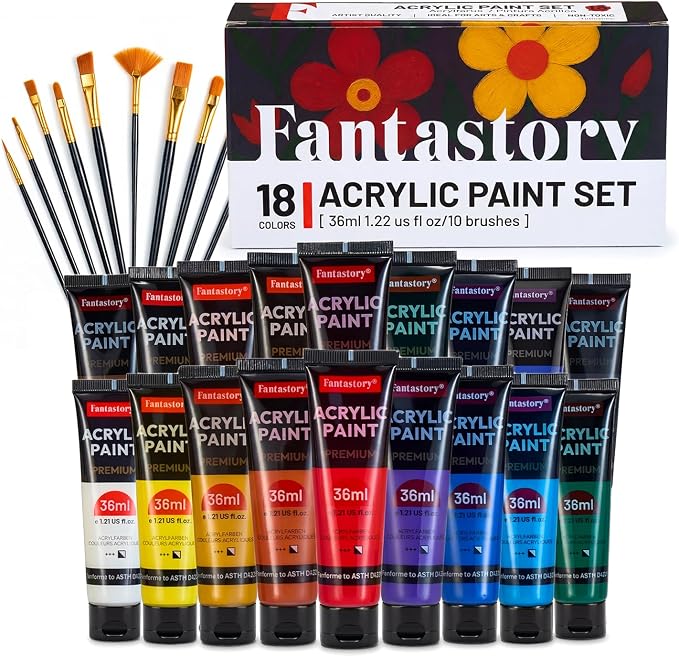 Fantastory 36ml 18 Colors Professional Acrylic Paint Set with 10 Brushes | Designed for Demanding Projects on Canvas, Wood, Stone, and Model Building