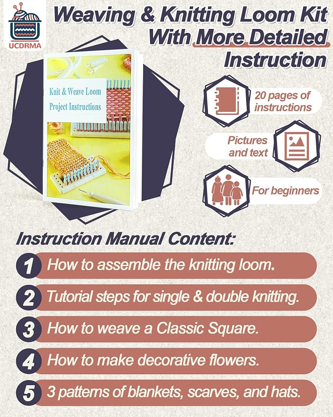 UCDRMA Upgraded Large Adjustable Loom Knitting Kit with Removable-pegs, Up to 132 Sizes & Shapes Weaving Knitting Loom for Blankets/Scarves/Hats, Beginners Infinity Crochet Loom Kit with Instructions