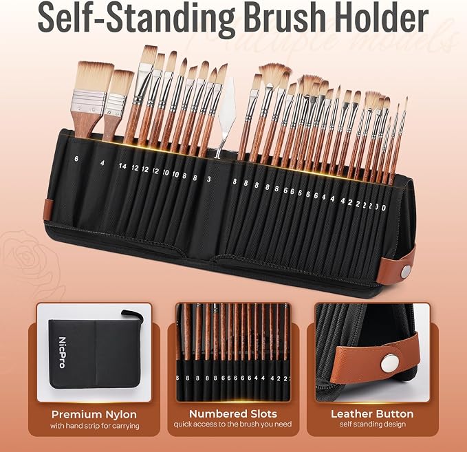 Nicpro 30 PCS Paint Brush Set, Professional Acrylic & Oil Paint Brushes | No Shedding Synthetic Bristles, Works for Acrylic, Oil, Watercolor, Gouache, Includes Self-Standing Case & Palette Knife