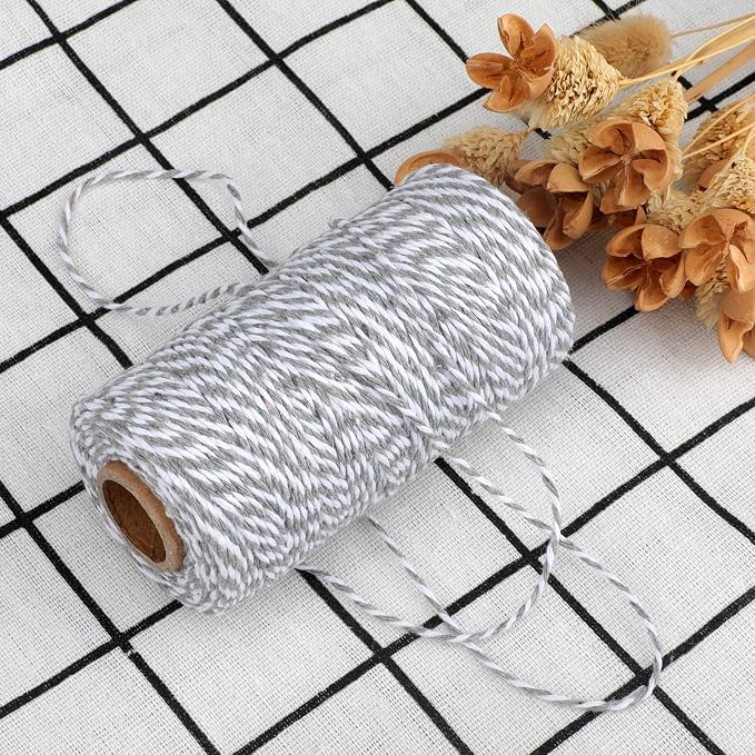jijAcraft Gray and White Twine String, 328 Feet Christmas Bakers Cotton String, 2MM Heavy Duty Packing Twine for DIY Crafts, Christmas Decoration, Gift Wrapping, Craft Wrapping