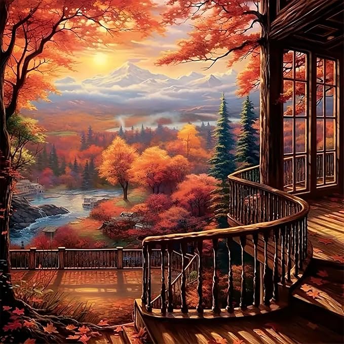 LKHMVCA Fall Forest Sunrise Mountain Paint by Numbers Kit for Adults, DIY Paint by Numbers Kits for Adults Beginners Without Frame, Acrylic Paint Canvas Painting Kits Art for Home Decor 16x16 Inch