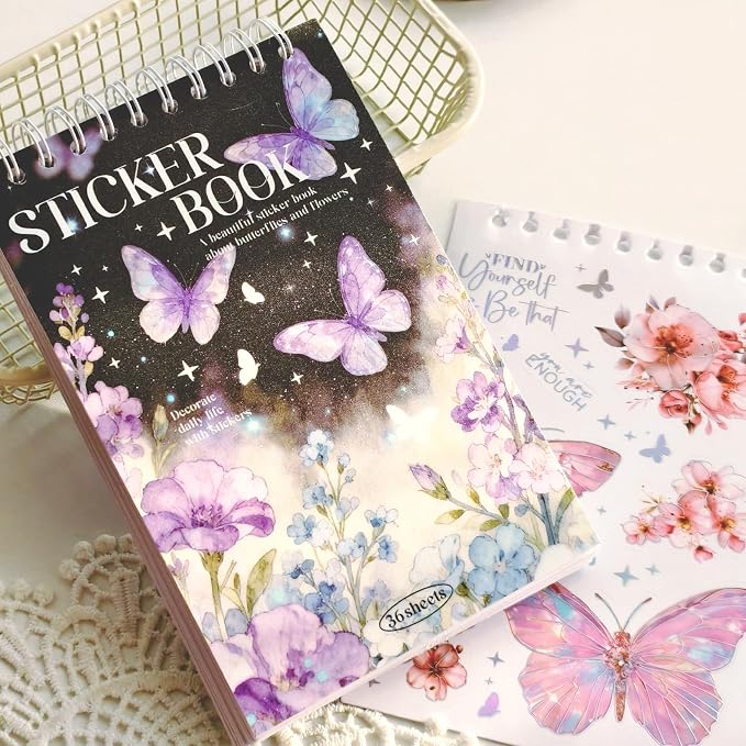 Flower and Butterfly Sticker Book, 30 Sheets 300+ Pcs, PET Material with Gold and Holographic Foil, for Planner Scrapbooking Journaling Card Making