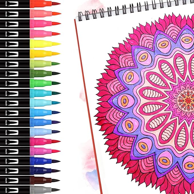 Red & Pink Double Tip Brush Pens Art Markers,24 Colored Artist Fine Brush Pen Coloring Markers for Adult Drawing Art Craft Kit