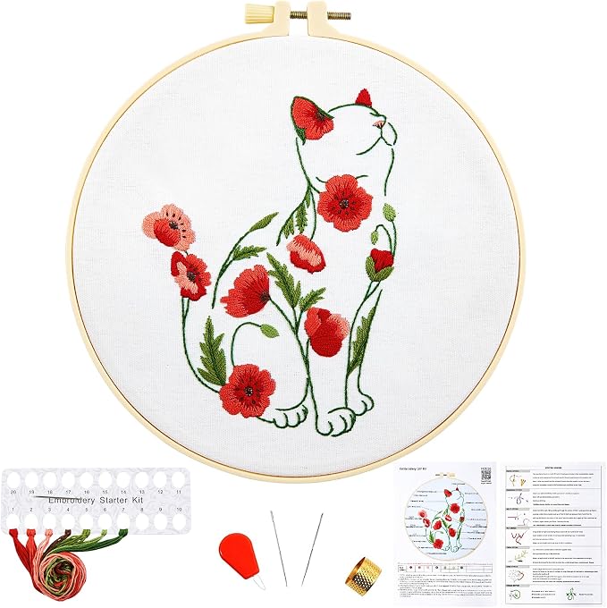 Crafmanoe Cat Embroidery Kits for Beginners Adults, Flowers Embroidery Starter Kits, Counted Cross Stitch Kits for Beginners Adults Hobbies Set for Women, Embroidery Hoops, Thread and Video Tutorial