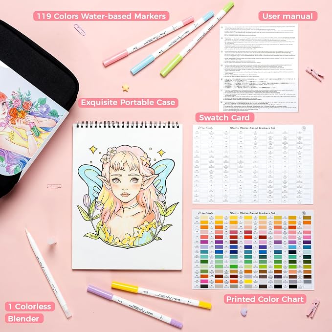 Ohuhu Adult Coloring Book Markers Paper-friendly Water-Based 120 Color-Pupe
