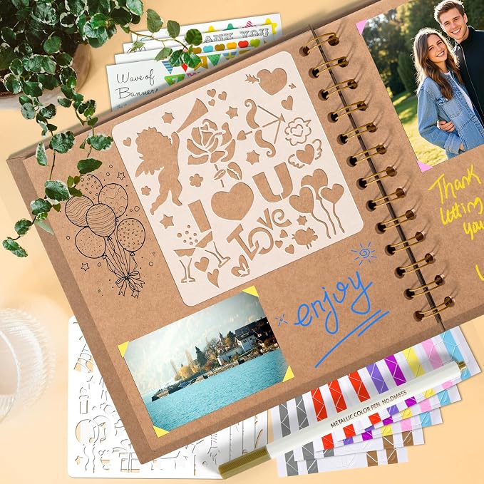GOTIDEAL 7 x 7 Inch Scrapbook Album with Metallic Markers, Yellow, 40 Pages | Kraft Paper Photo Albums for Wedding & Anniversary, Family DIY Scrap Books with Scrapbooking Stickers Corners