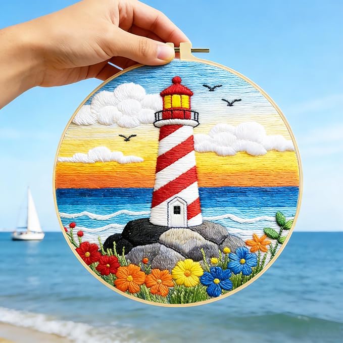 BEUNITONE 6 Set Beginner Embroidery Kit for Adults with Pre-Printed Washable Lighthouse Pattern, DIY Needlepoint Craft Kits for Cloth with Embroidery Hoop and Instruction, Funny Gifts for Home Decor