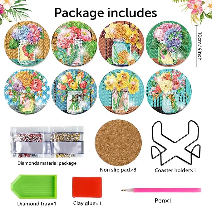 mrpwnle Diamond Art Coasters Kits, 8Pcs Flowers Diamond Painting Coasters