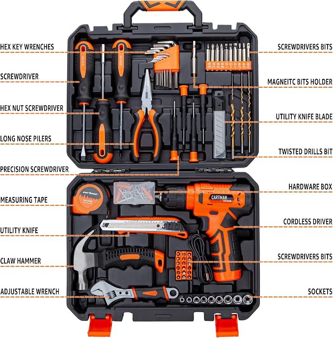 CARTMAN 150PCS 8V Cordless Drill Hand Tool Set, Orange Household Repair Kit | All-Inclusive Tool Assortment With 8V Drill, Great For Home Upkeep, DIY Crafting And Daily Household Fixes