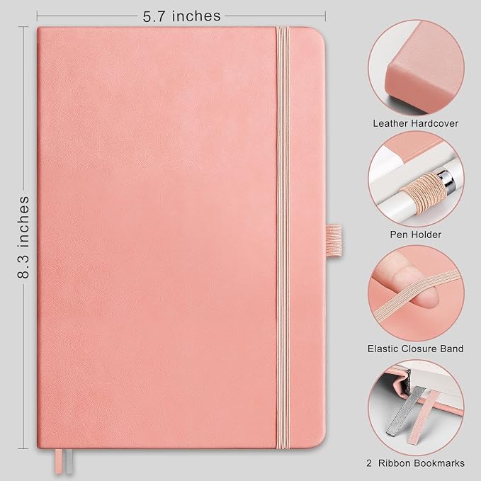 RETTACY Graph Grid Paper Notebook, 192 Pages, A5 Size (5.7'' x 8.3'') | 5 Squares per Inch, Leather Hardcover, 100 GSM Thick Paper, for School, Students, Math, Engineering (Pink)