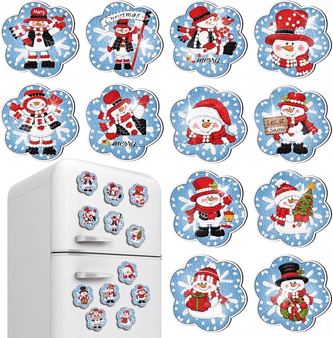 Zonon 12 Pcs Christmas Snowman Diamond Art Magnets,Blue White Red | Winter Diamond Painting Magnets Kits, Sparkling Snowman Stickers, DIY Craft Gifts, for Refrigerator Home Kitchen Decor