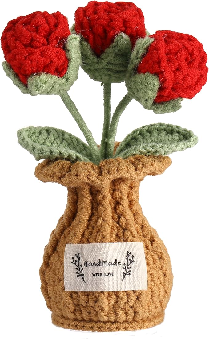 Crochet Rose Flower Potted Plant – Red, Valentines Day Gift for Her, Handmade Knitted Romantic Desk Decor