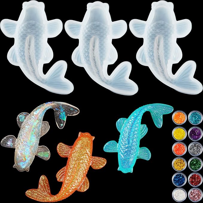 3pcs Koi Fish Silicone Resin Mold & Fondant Mold with 12 Color Sequins, Koi Goldfish DIY Pendant Epoxy Casting Moulds for DIY Pendant Charms Epoxy Crafts Cake Decoration Keychain Jewelry Making & Gift