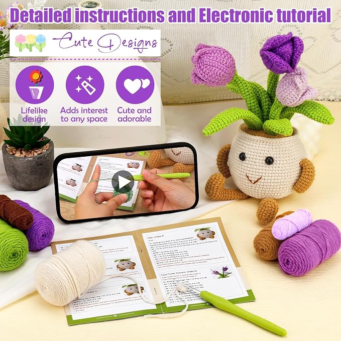 Nitlak Crochet Flower Potted Plant Gift, Positive Emotional Crochet Kit