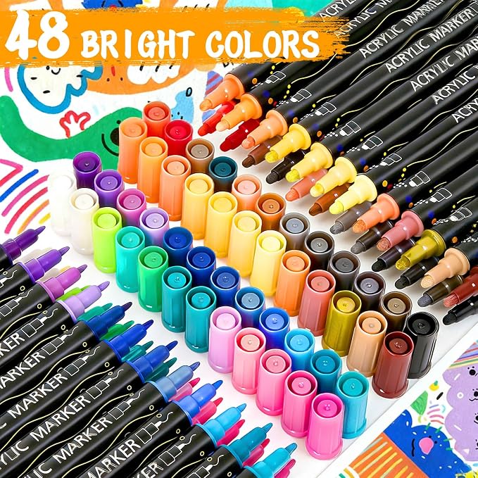 48 Colors Dual Tip Acrylic Paint Markers, Coloring Paint Pens Set, Fine Tip and Dot Tip Acrylic Paint Markers for Rock, Stone, Glass, Fabric, Canvas, Gifts for Teens, Art Painting Supplies Kit
