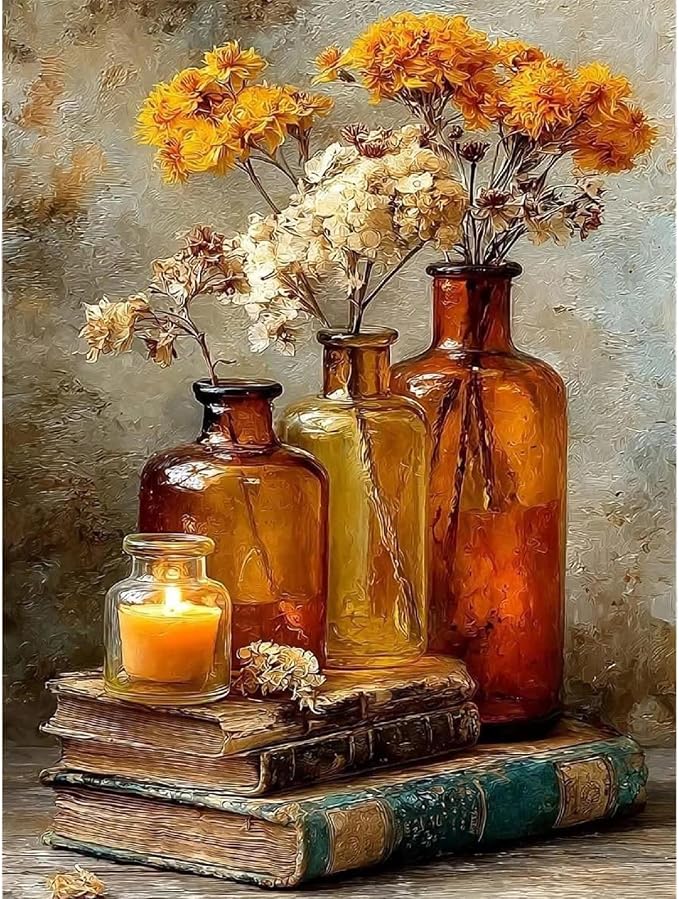 pchmcu Vintage Flower Book Paint by Number for Adults,Flowers in Vase Painting by Numbers,DIY Acrylic for Beginners Unframed,Easy Paint by Numbers Adults on Canvas for Decor 16x20inch