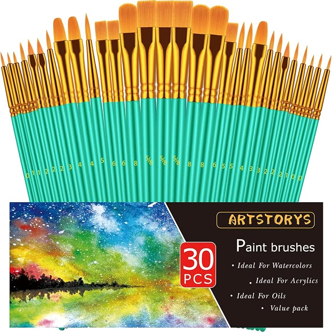 Artstorys Paint Brushes Set, 30 Pcs Acrylic Oil Watercolor Painting Brushes | Artist Paintbrushes (Nylon Hair Wood Handles) for Adult Drawing, Great for Face, Rock & Canvas, Arts Craft Supplies, Green
