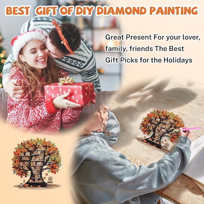Bowetile Fall Diamond Art Hanging Kits for Adults, Tree of Books Diamond Art Suncatchers Maple Leaf, 5D Special Shape Autumn Diamond Painting Pendant Window Ornament for Home Wall Decor