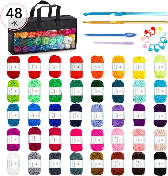 INSCRAFT 48 PCS Crochet Yarn Kit, 1400 Yards 40 Colors Acrylic Yarn Skeins, 2 Crochet Hooks, 2 Weaving Needles, 4 Stitch Markers, 1 Bag, for Crocheting & Knitting, Gift for Beginners and Adults