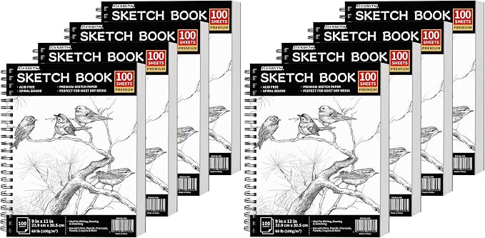 FIXSMITH 9"X12" Sketch Book, 100 Sheets, 68 lb/100gsm, 8 Pack Black
