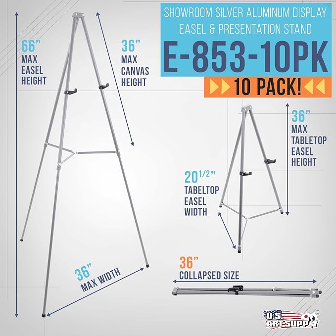 U.S. Art Supply 66" High Gallery Silver Metal Display Easel, Large, 10-Pack