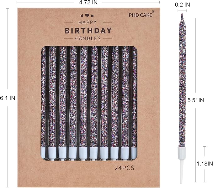 PHD CAKE Starry Sky Glitter Long Thin Metallic Birthday Candles, Cake Candles, Birthday Parties, Wedding Decorations, Party Candles